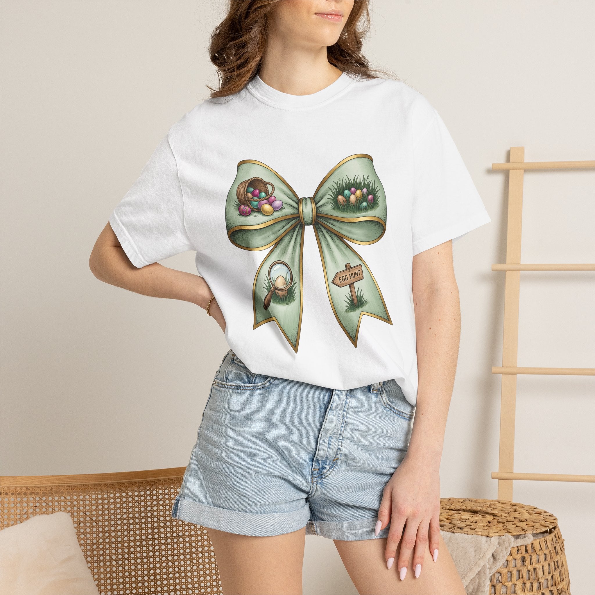 Easter Bow Shirt Easter Spring Gift Women Hand Drawn Tee Easter Bunny T-Shirt Easter Fan Easter Art Tshirt Spring Design Vintage Egg Basket