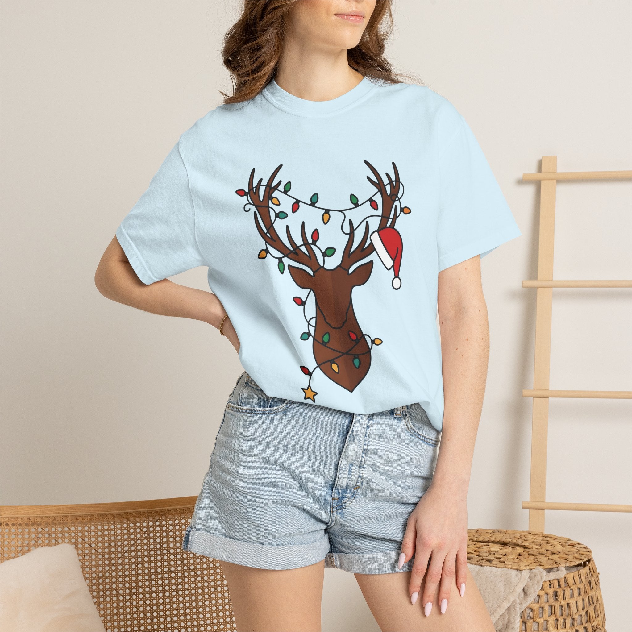 Stag Face Shirt Animals Holiday Gift Women Doodle Tee Deer T-Shirt Wildlife Fan Antler Tshirt Christmas Graphic Sleek String Lights Tshirt