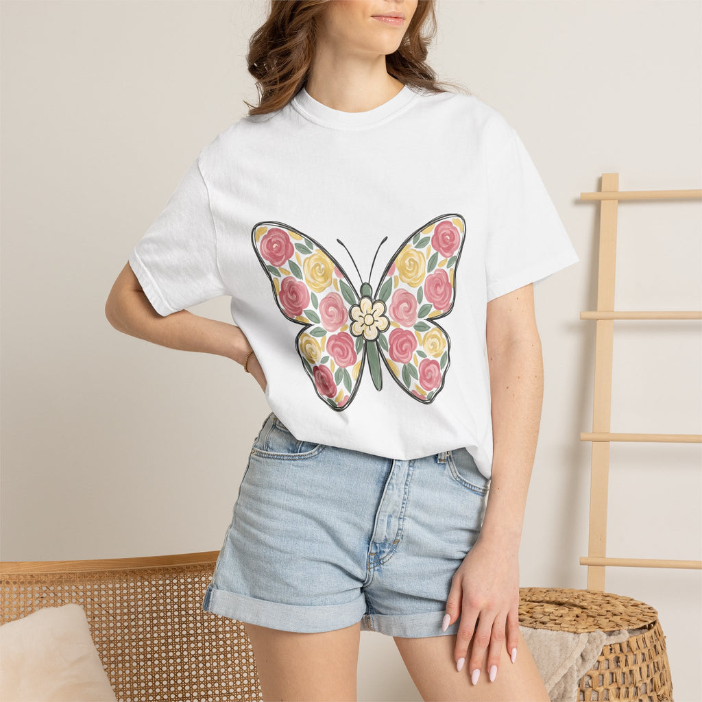 Flower Butterfly Shirt Easter Outdoors Gift Women Rustic Tee Butterfly T-Shirt Spring Fan Vintage Tshirt Camping Graphic Doodle Red Rose