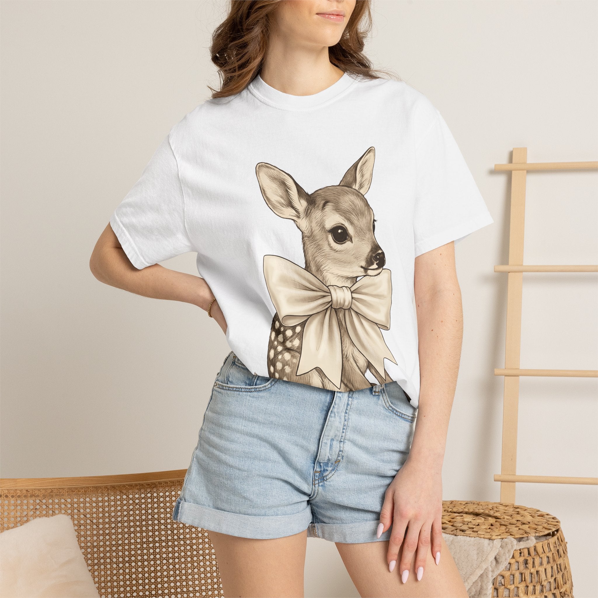 Baby Deer Shirt Easter Animal Gift Women Vintage Tee Fawn T-Shirt Easter Fan Retro Tshirt Wildlife Graphic Hand Drawn Bow Tshirt