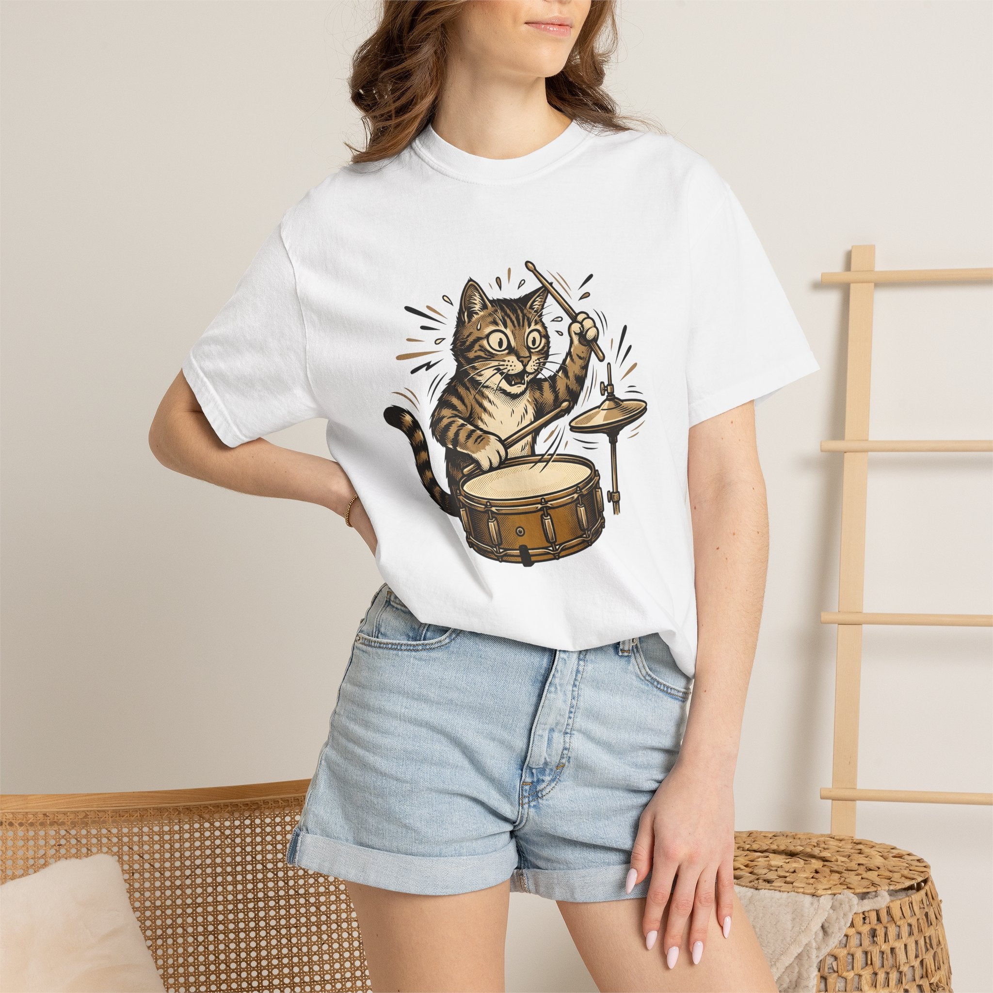 Cat Drum Set Shirt Cat Music Gift Women Cartoon Tee Drum Kit T-Shirt Cat Fan Comic Tshirt Melody Graphic Retro Cymbals Tshirt