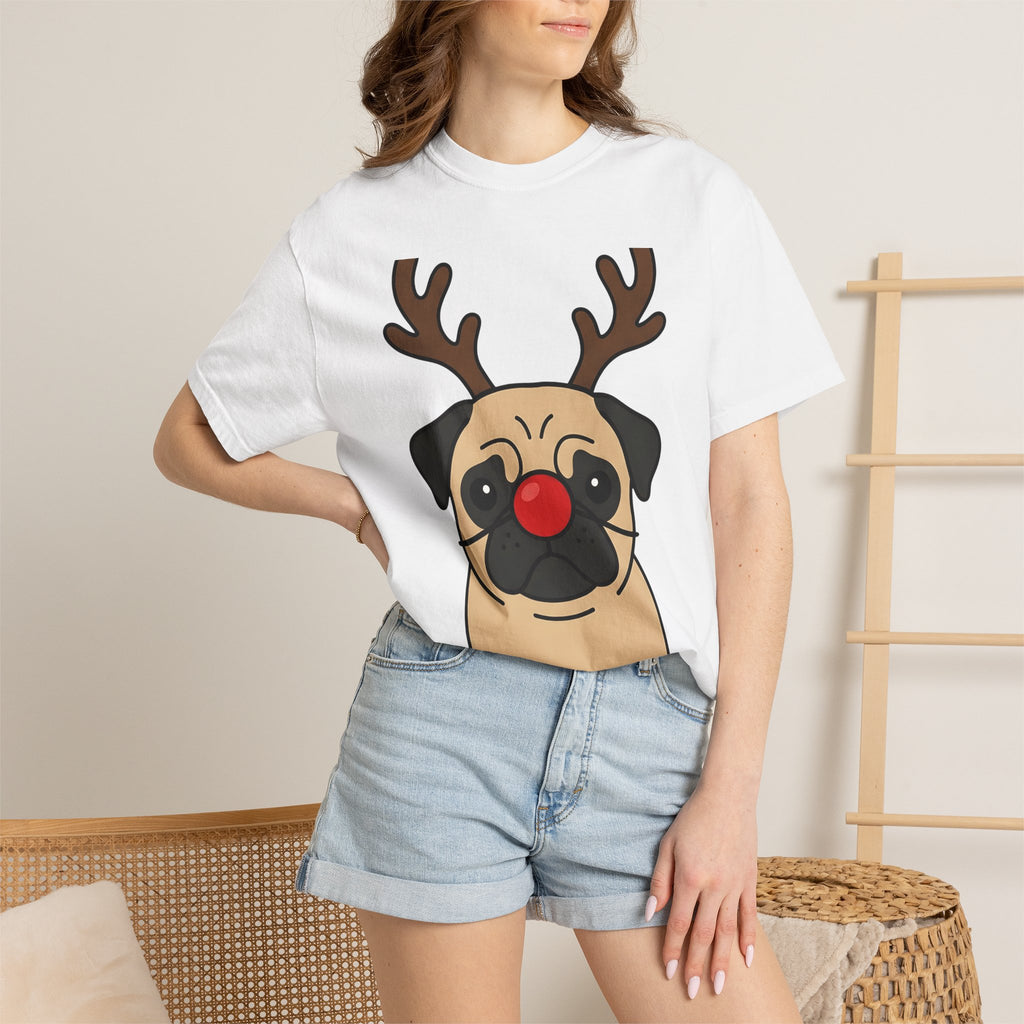 Pug Reindeer Shirt Christmas Dog Gift Women Cartoon Tee Reindeer T-Shirt Xmas Fan Comic Tshirt Dog Graphic Minimalist Red Nose Tshirt
