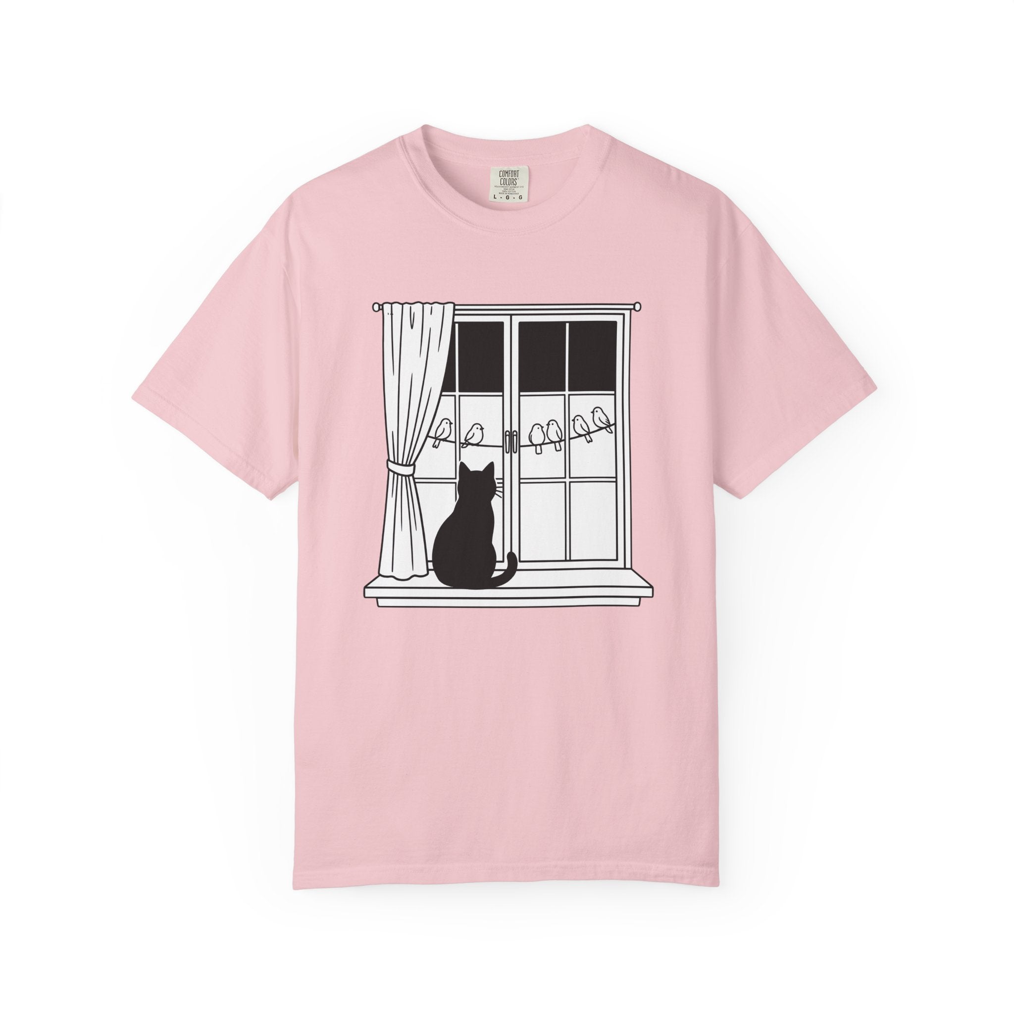 Cat Window Shirt Cat Animals Gift Women Simple Tee Perch T-Shirt Cat Fan Minimalist Tshirt Wildlife Graphic Outline Birds Tshirt