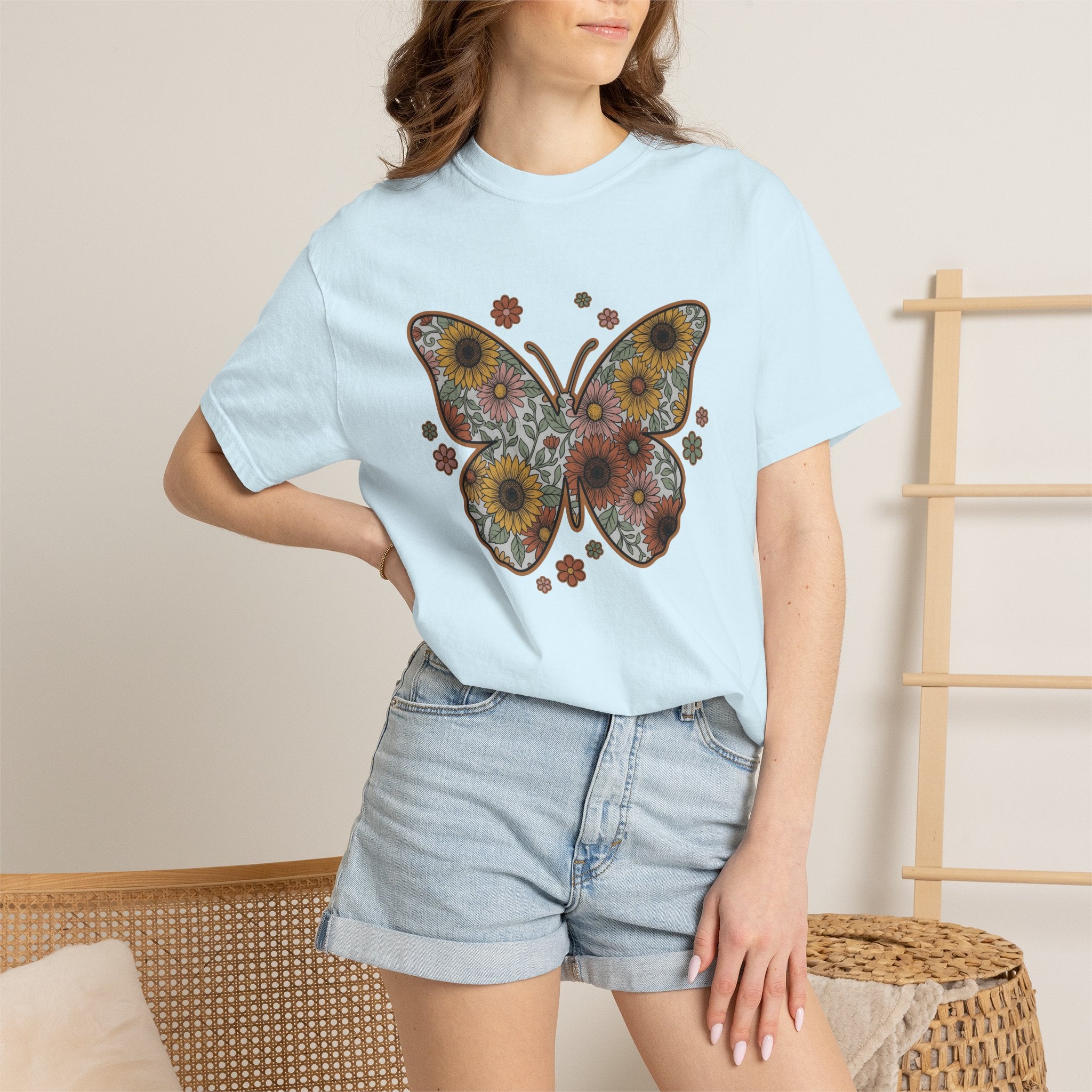 Butterfly Bloom Shirt Easter Garden Gift Women Tribal Tee Butterfly T-Shirt Spring Fan Ethnic Tshirt Yard Graphic Hand Drawn Marigold Tshirt