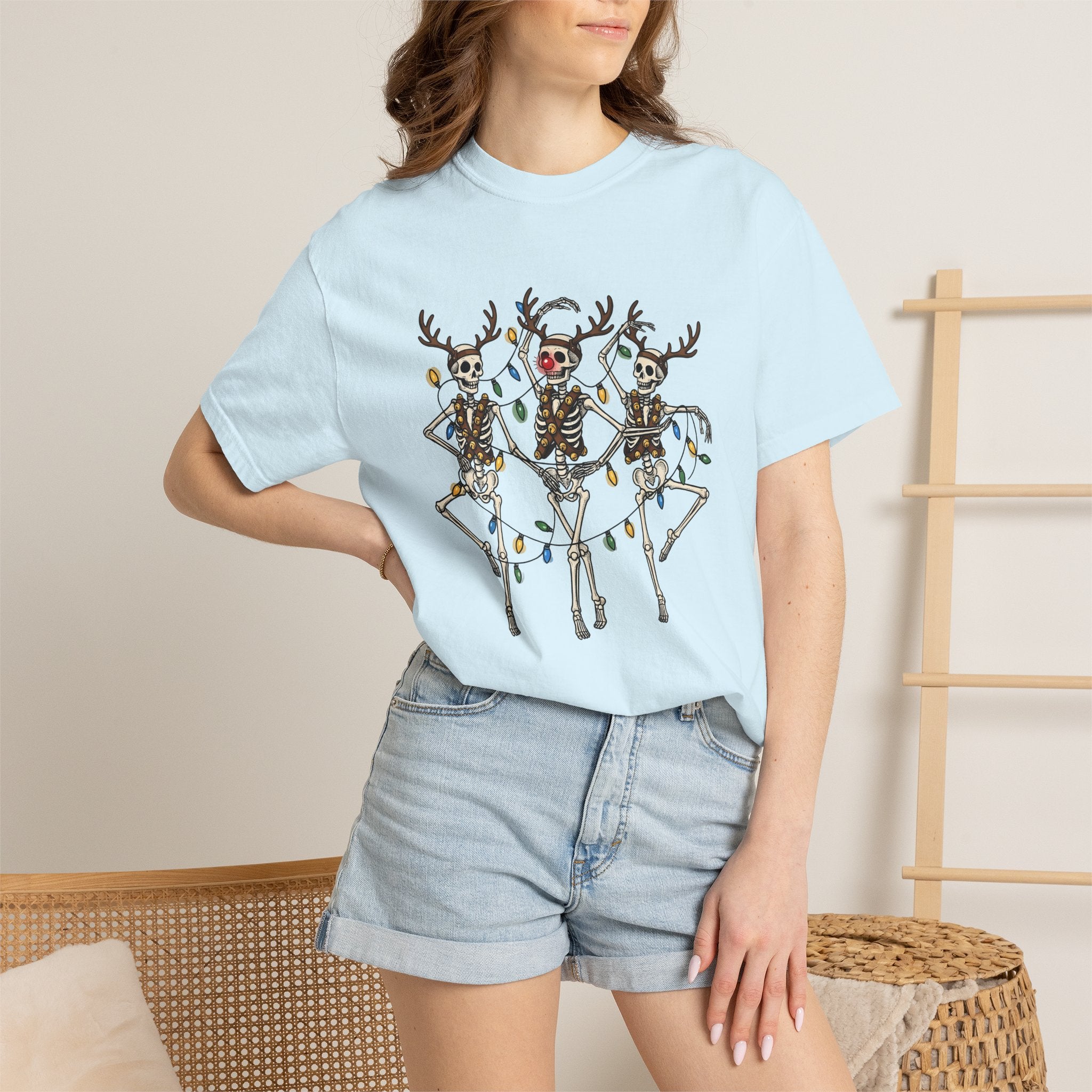 Skull Deer Shirt Christmas Satire Gift Women Animated Tee Antler T-Shirt Xmas Fan Cartoon Tshirt Parody Graphic Sketch Festive Lights Tshirt