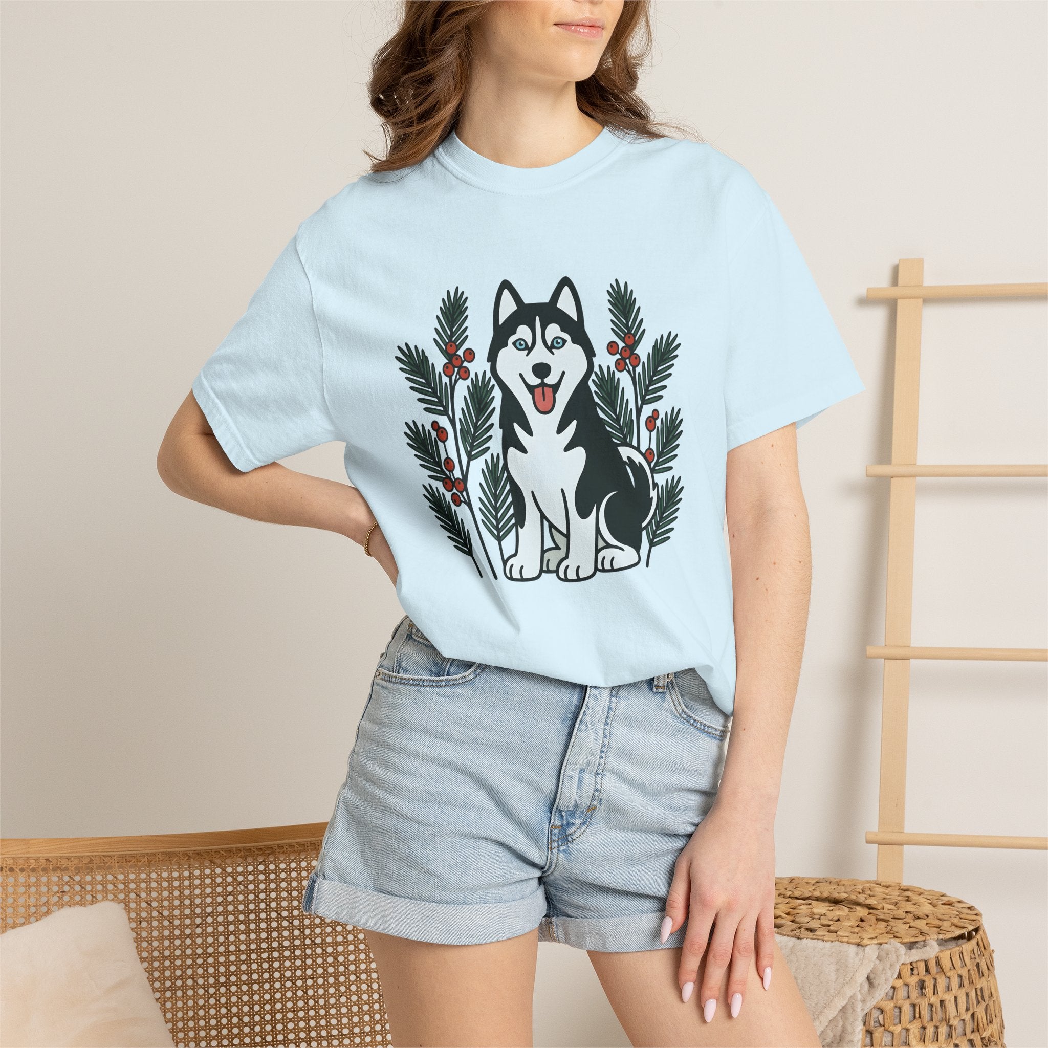 Husky Pet Shirt Dog Holidays Gift Women Sketch Tee Siberian Husky T-Shirt Dog Owner Fan Husky Drawing Christmas Graphic Line Art Pine
