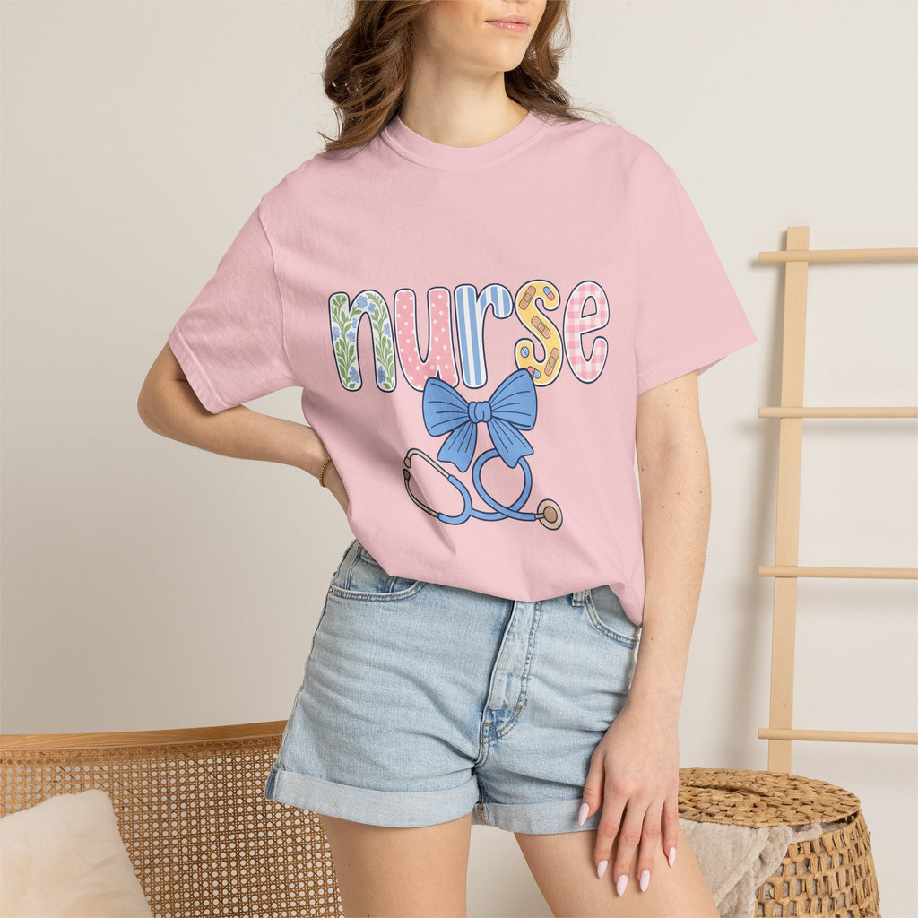 Nurse Stethoscope Bow Shirt Nurse Hospital Gift Women Adorable Tee Stethoscope T-Shirt Nursing Enthusiast Cute Tshirt Medical Graphic Doodle