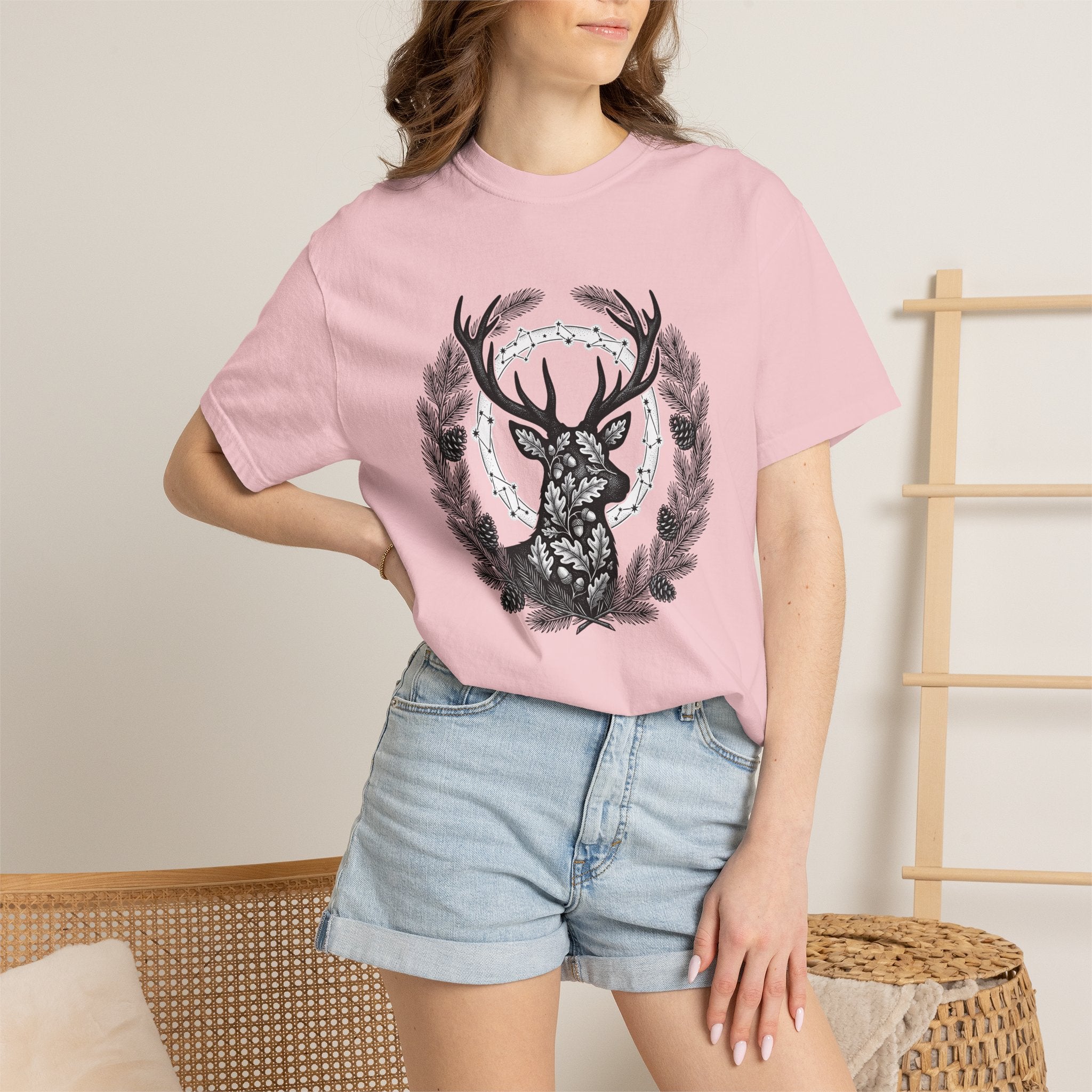 Buck Silhouette Shirt Boho Chic Plants Gift Women Leaf Tee Deer T-Shirt Bohemian Fan Botanical Tshirt Floral Graphic Sketch Cone Cluster