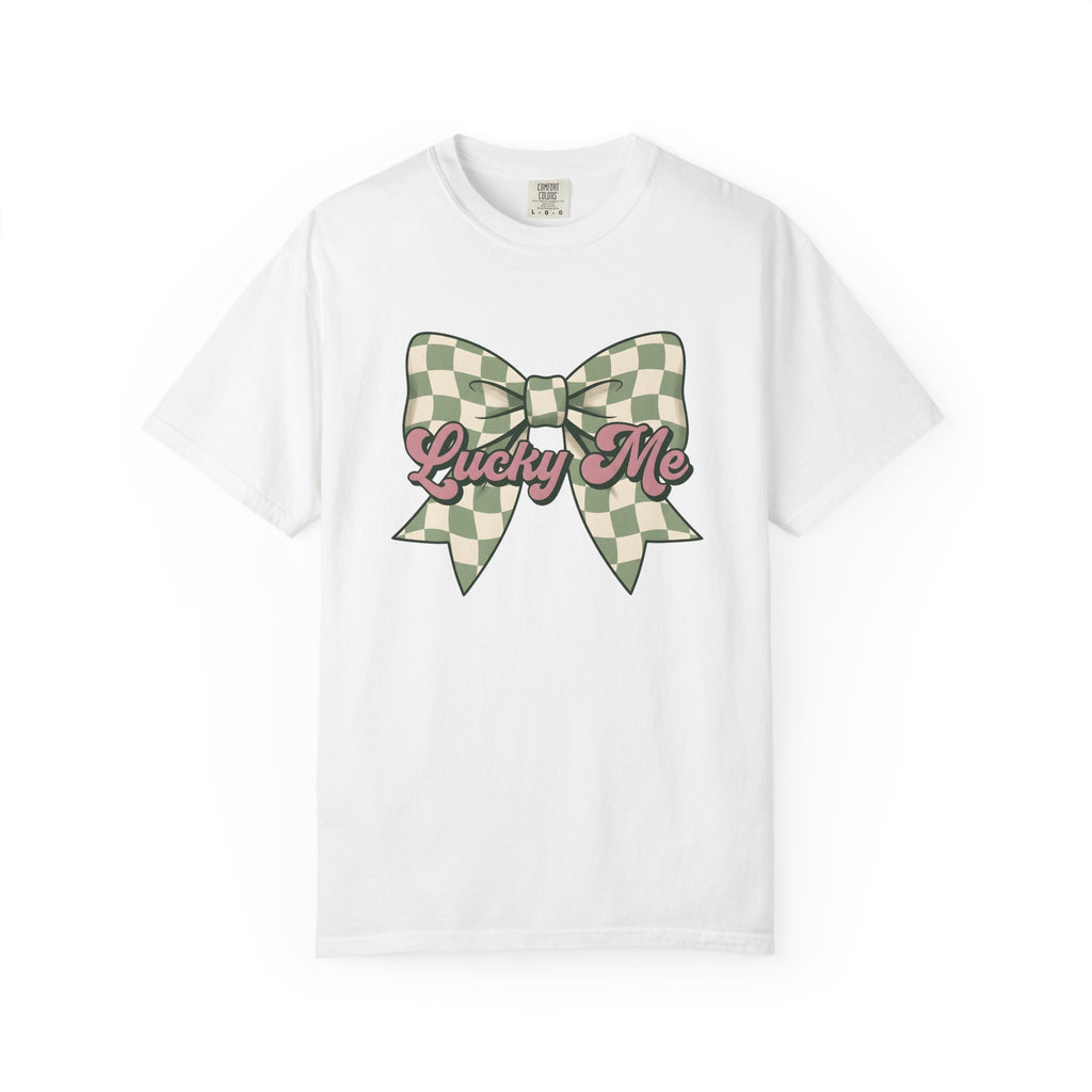 Tartan Bow Shirt St Patrick's Day Event Gift Women Line Art Tee Ribbon T-Shirt St Patricks Fan Drawing Design Illustrative Light Tones