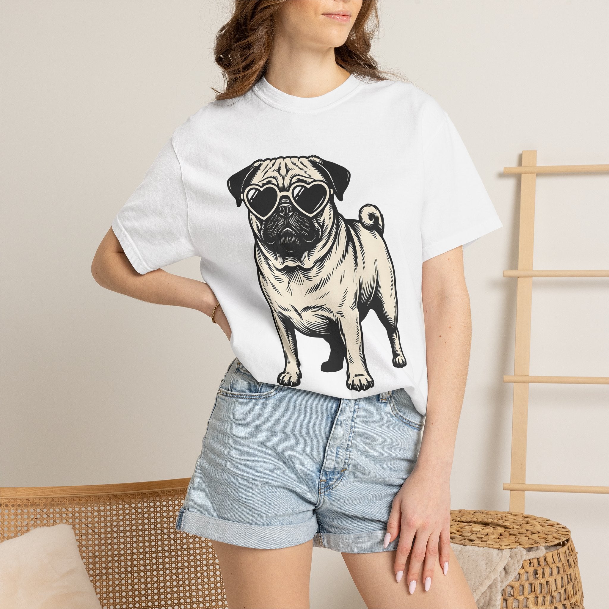 Pug Puppy Shirt Dog Funny Gift Women Traditional Tattoo Tee Pugs T-Shirt Dog Fan Tattooed Tshirt Humor Graphic Retro Heart Glasses Tshirt