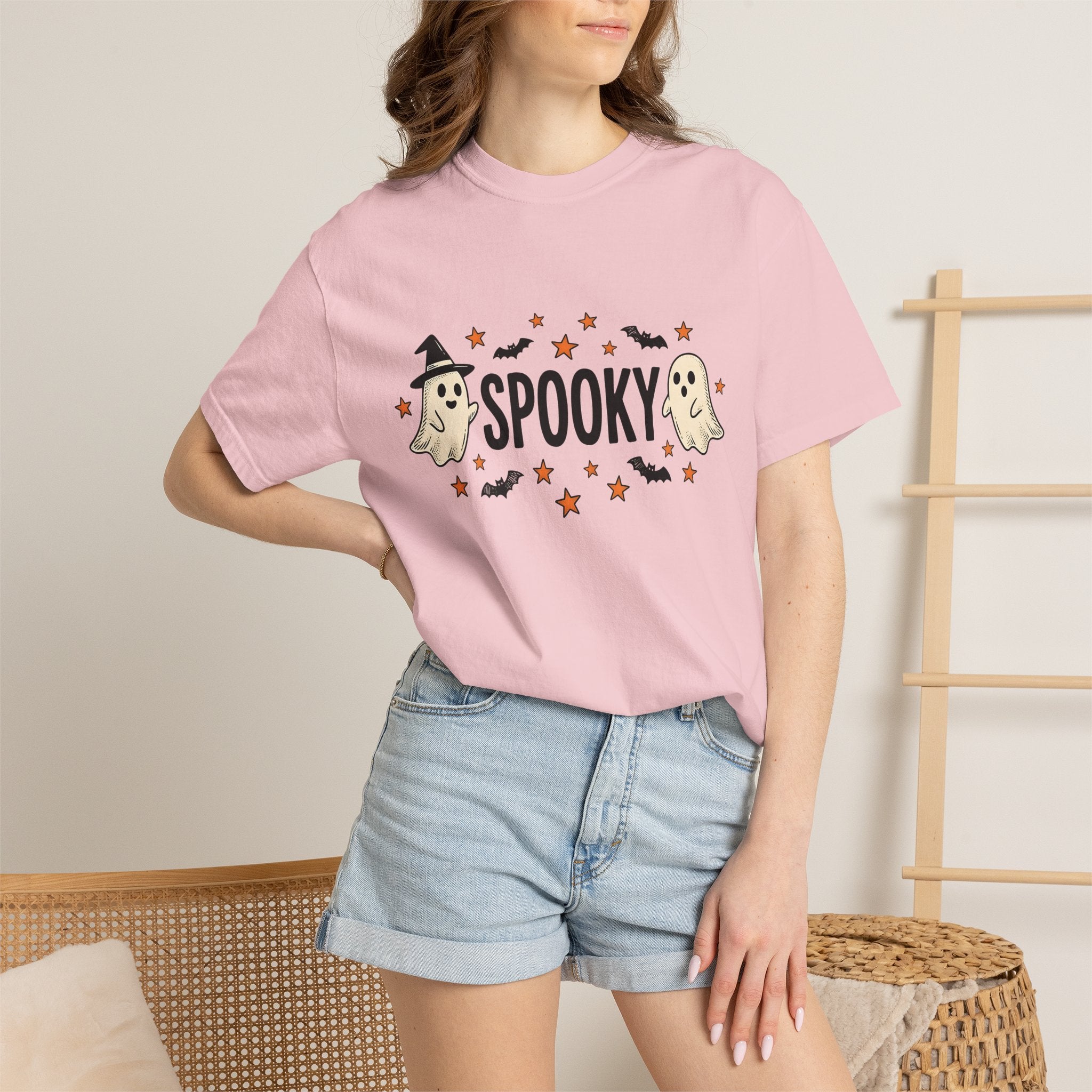Ghost Clipart Shirt Halloween Horror Gift Women Sweet Tee Spirit T-Shirt Spooky Fan Ghostly Tshirt Horror Graphic Doodle Vampire Bat Tshirt