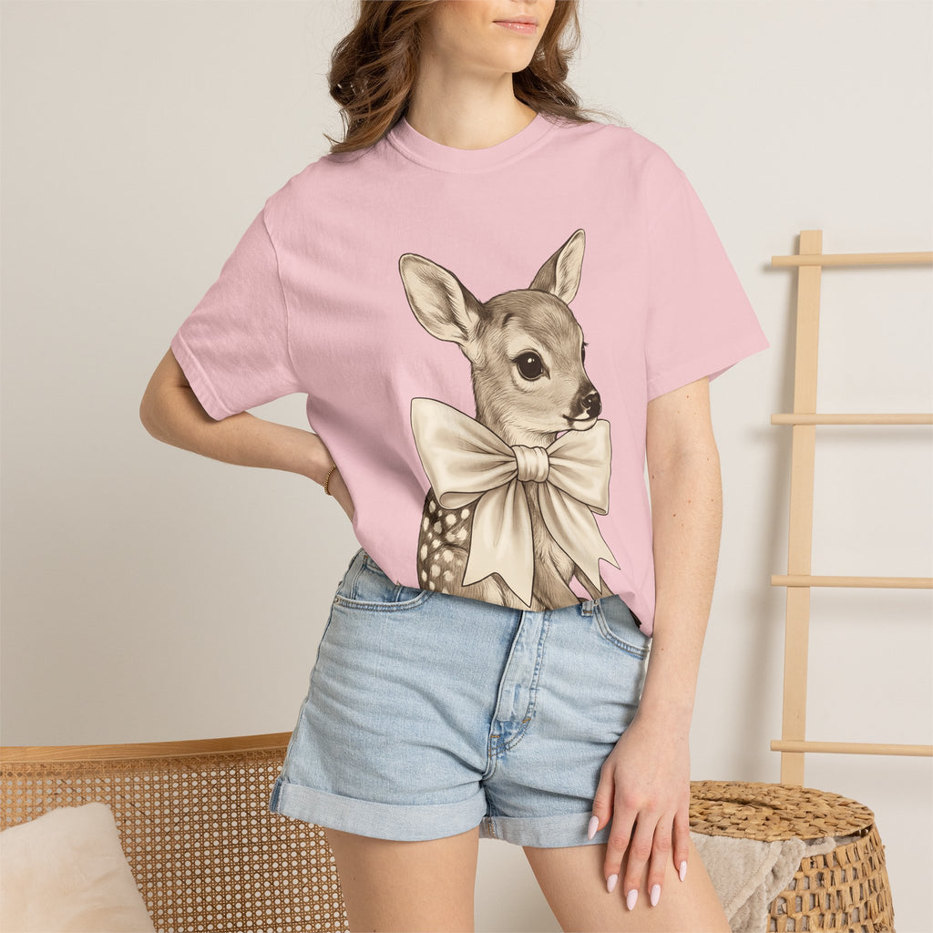 Baby Deer Shirt Easter Animal Gift Women Vintage Tee Fawn T-Shirt Easter Fan Retro Tshirt Wildlife Graphic Hand Drawn Bow Tshirt