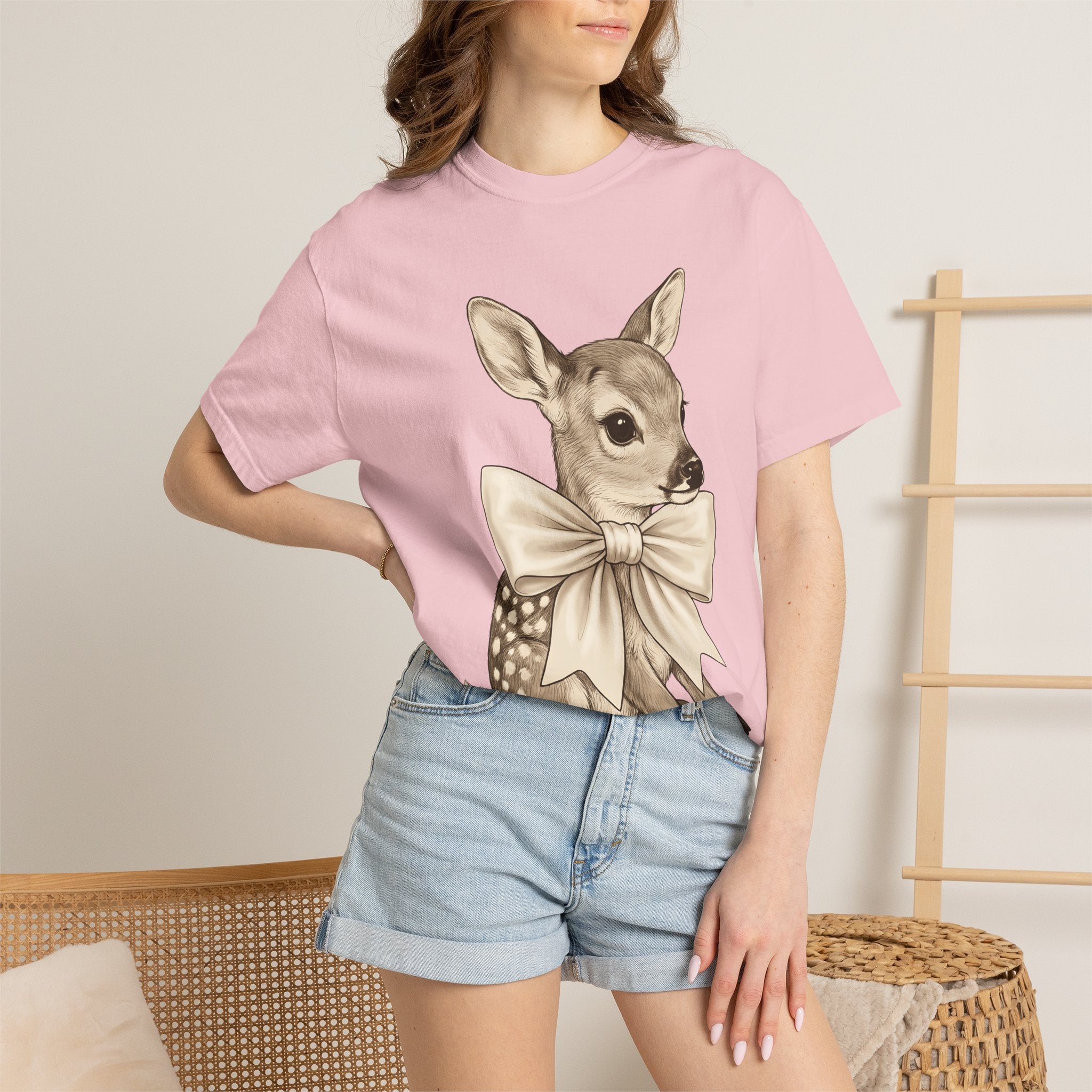 Baby Deer Shirt Easter Animal Gift Women Vintage Tee Fawn T-Shirt Easter Fan Retro Tshirt Wildlife Graphic Hand Drawn Bow Tshirt