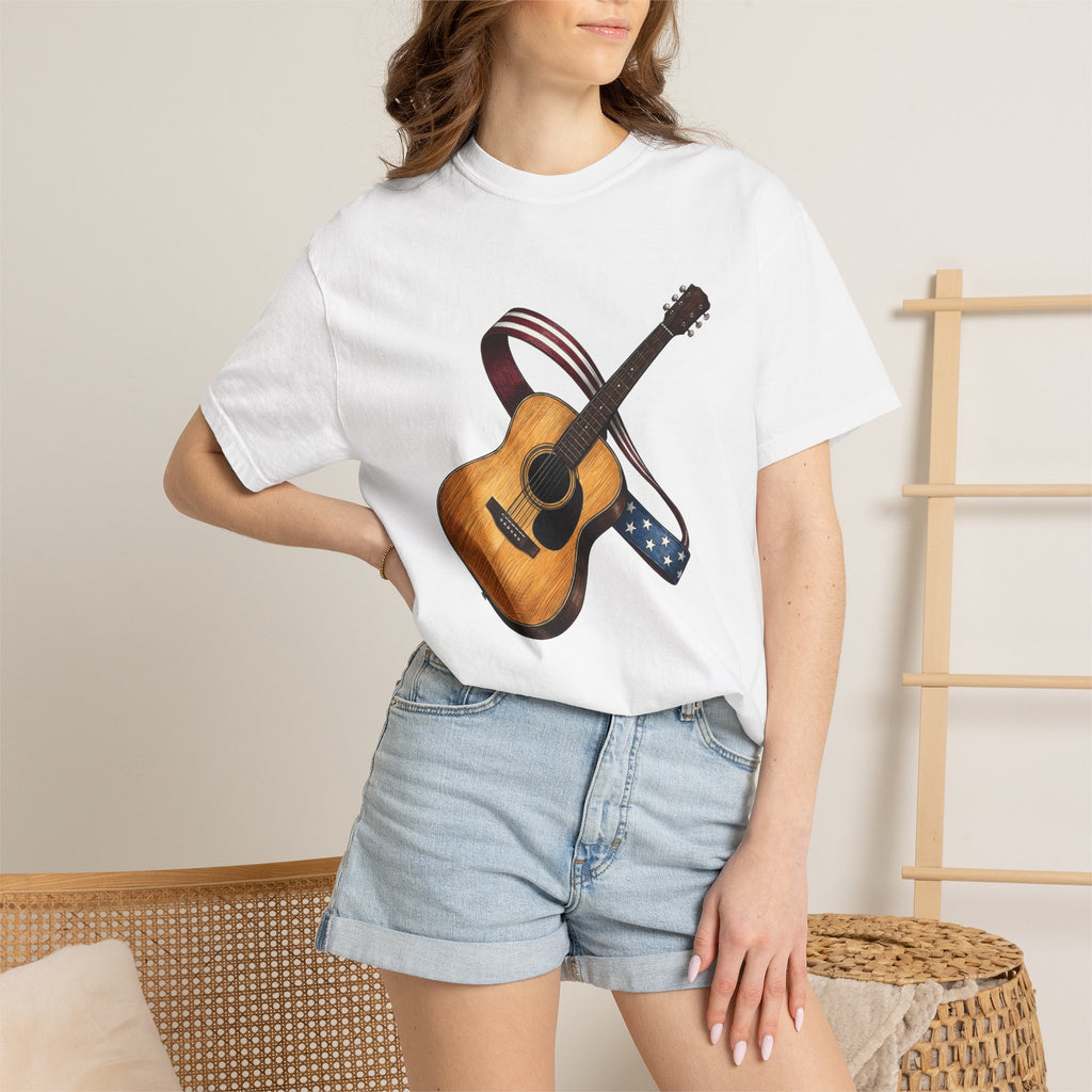 Unplugged Guitar Shirt America Instruments Gift Women Sketch Tee Acoustic Guitar T-Shirt Patriot Fan Vintage Drawing Guitar Illustration