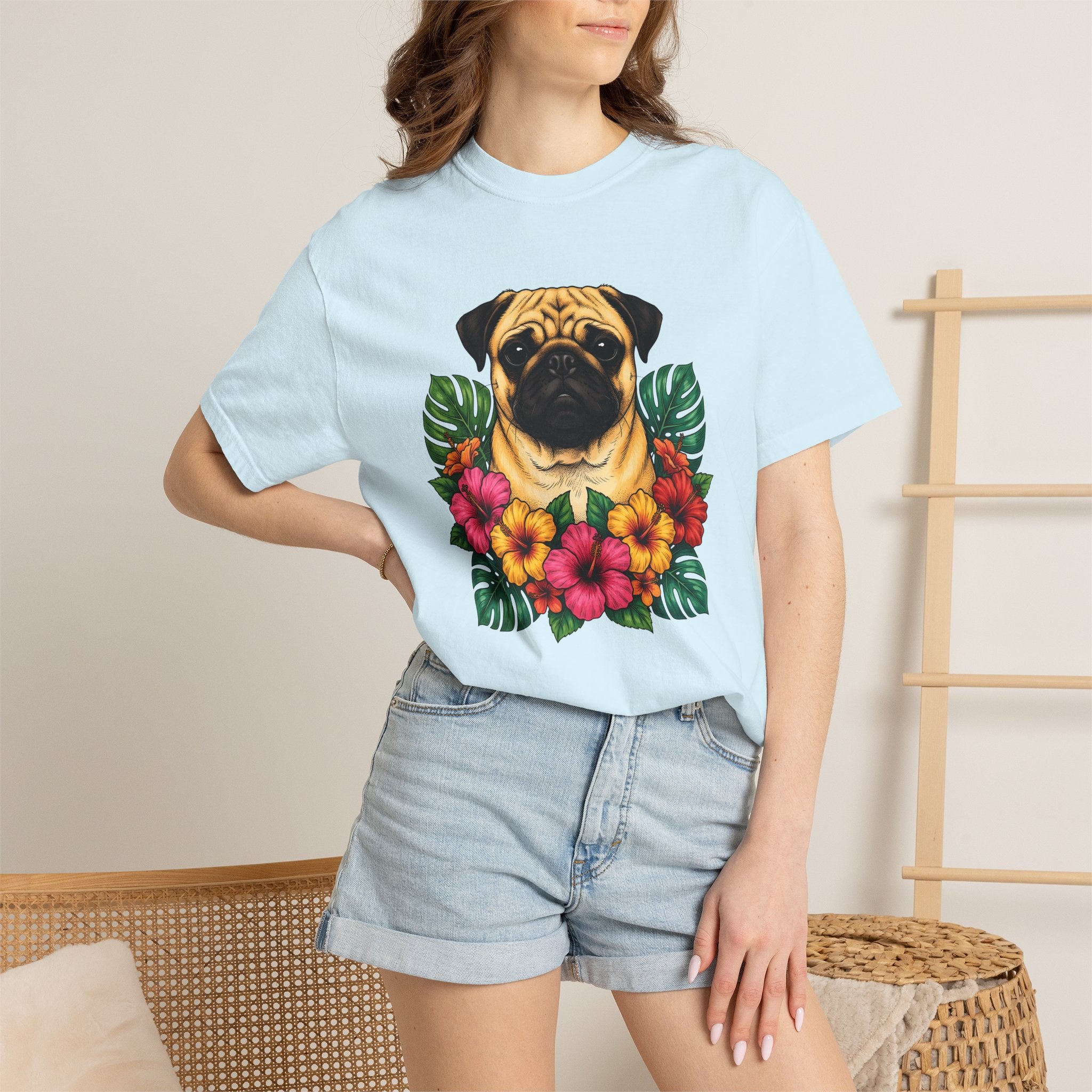 Pug Shirt Dog Botanicals Gift Women Sketch Tee Mops T-Shirt Dog Fan Drawing Graphic Retro Tropical Flowers Tshirt