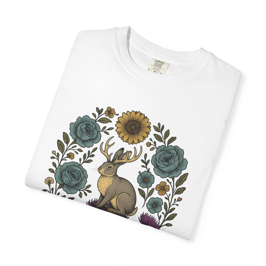 Jackalope Shirt Boho Chic Animal Gift Women Folk Art Tee Antelope T-Shirt Hippie Fan Primitive Tshirt Wildlife Graphic Vintage Floral Frame