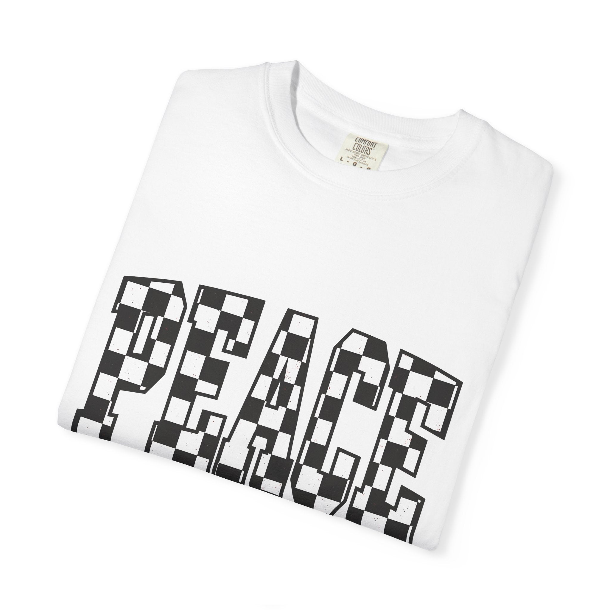 Checkered Text Shirt Peace Inspirational Gift Women Bold Tee Plaid T-Shirt Harmony Fan Graphic Design Minimalist Retro Pattern Tshirt