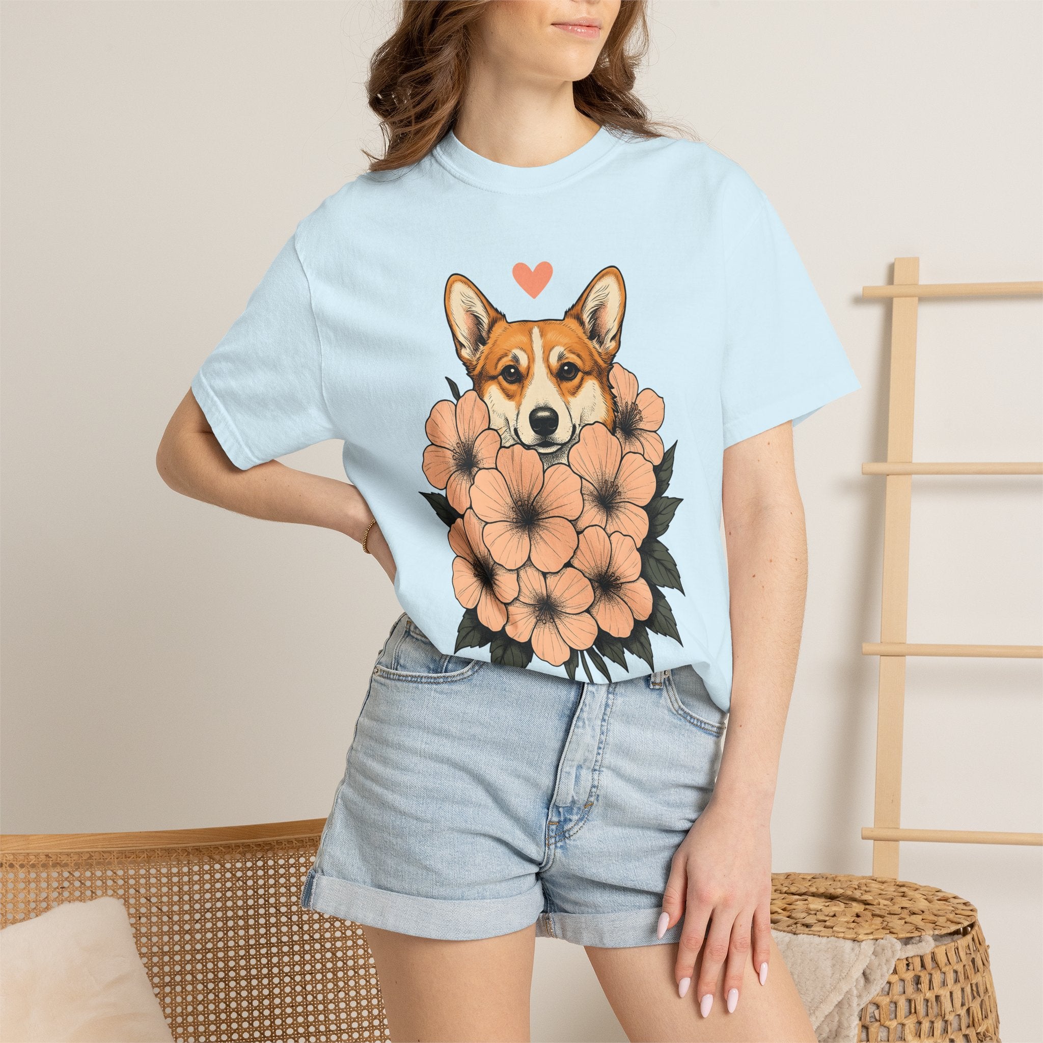 Corgi Pet Shirt Dog Plants Gift Women Line Art Tee Puppy T-Shirt Dog Fan Minimalist Tshirt Botanical Graphic Rustic Garden Flowers Tshirt