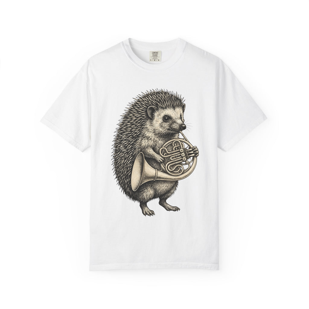 Hedgehog Horn Shirt Animals Instruments Gift Women Retro Tee Prickles T-Shirt Wildlife Fan Vintage Tshirt Musical Instrument Graphic Sketch